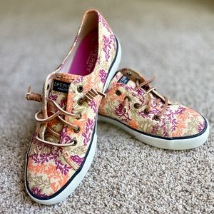 Sperry Coral Pattern Slip Ons
